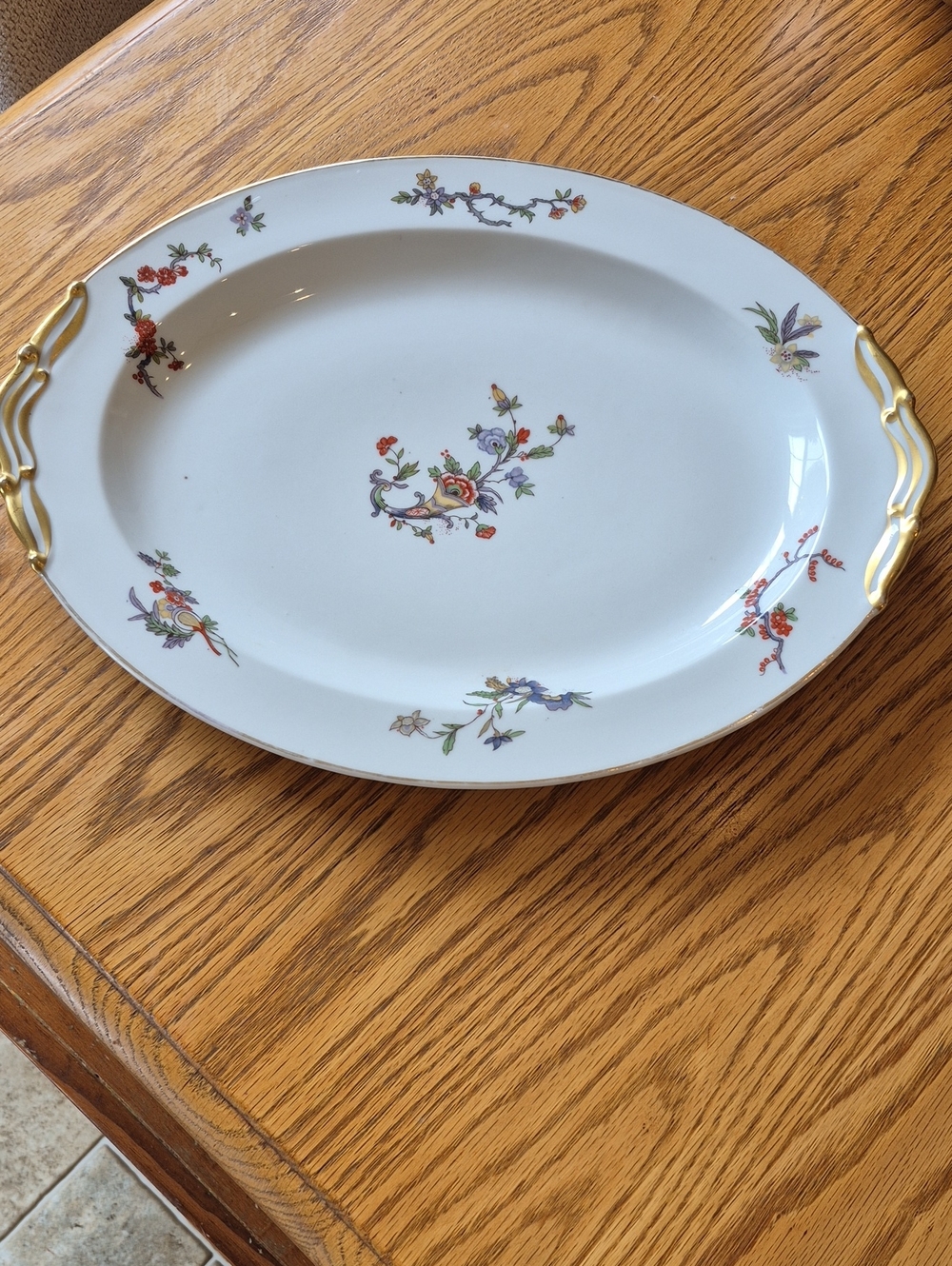 Limoges White Porcelain Floral Oval Serving Platter with Gold Handles